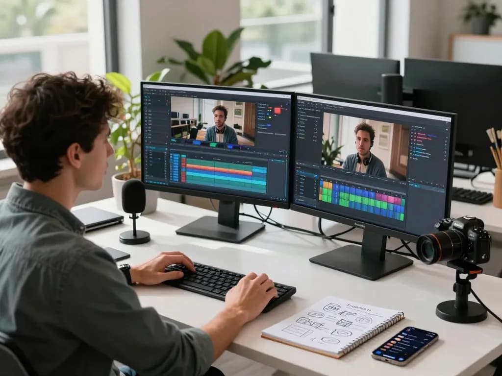 Video to prompt generated AI content creator analyzing footage in a modern tech workspace.