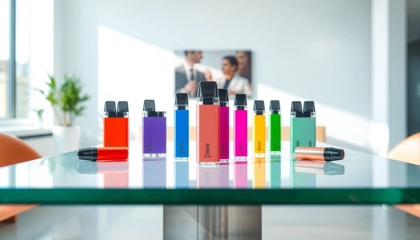 Buy Prefilled vape pods UK displayed elegantly on a glass table, showcasing vibrant colors and sleek design.