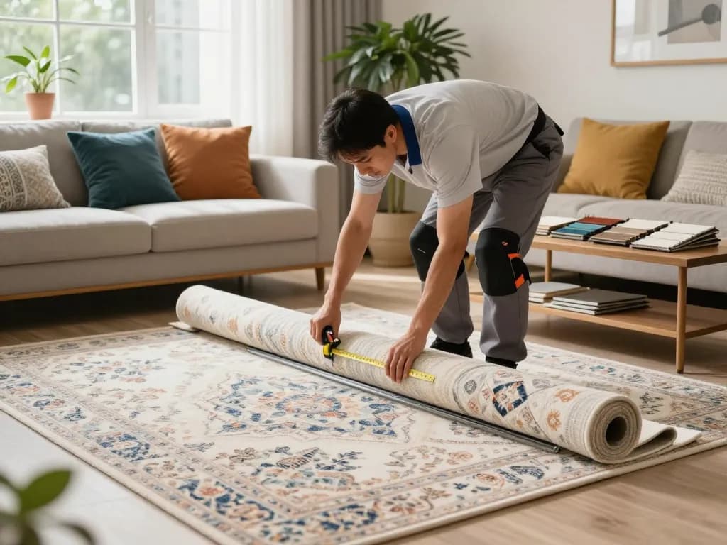 Professional carpet fitters near me installing elegant carpet in bright living room, showcasing quality and craftsmanship.