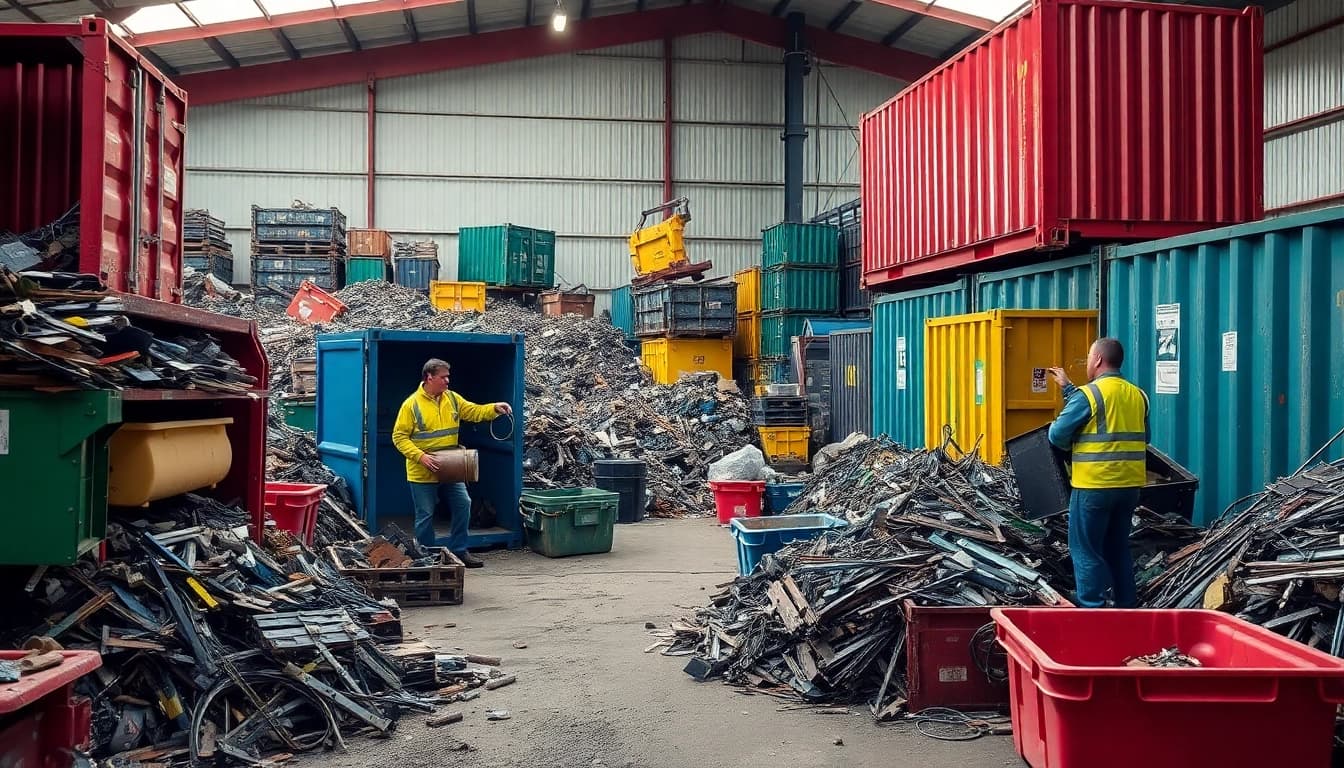 Efficient Schrotthändler Wuppertal team collecting scrap metal at a recycling site.