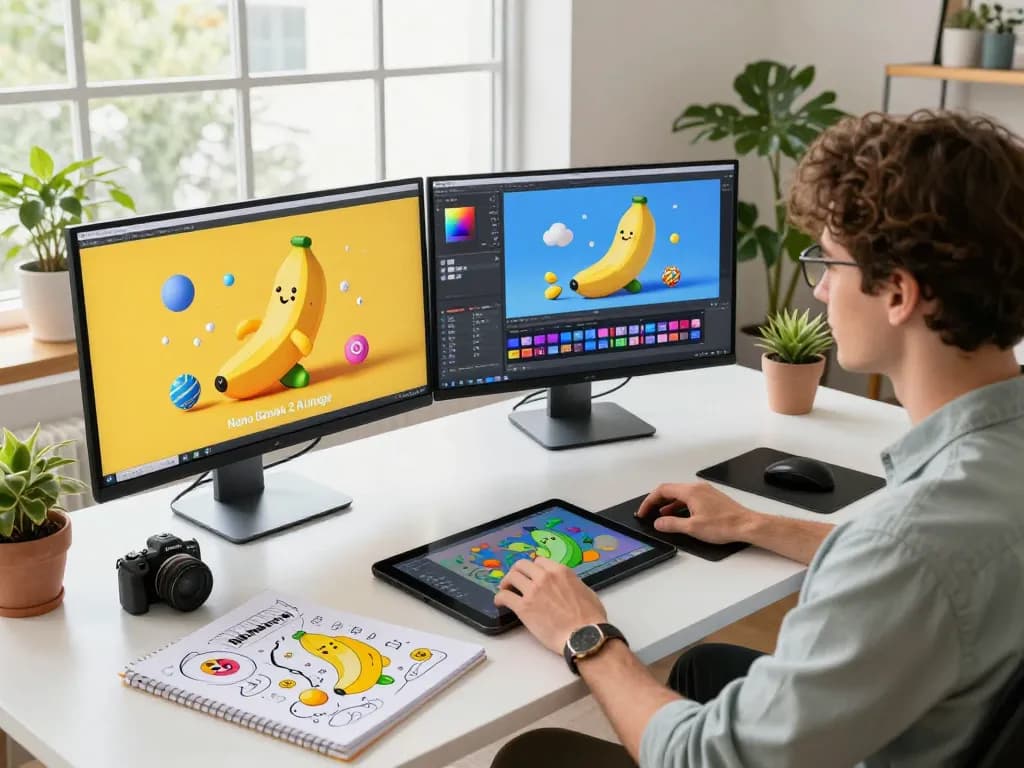 Designer using Nano Banana 2 AI image editor in a vibrant creative workspace
