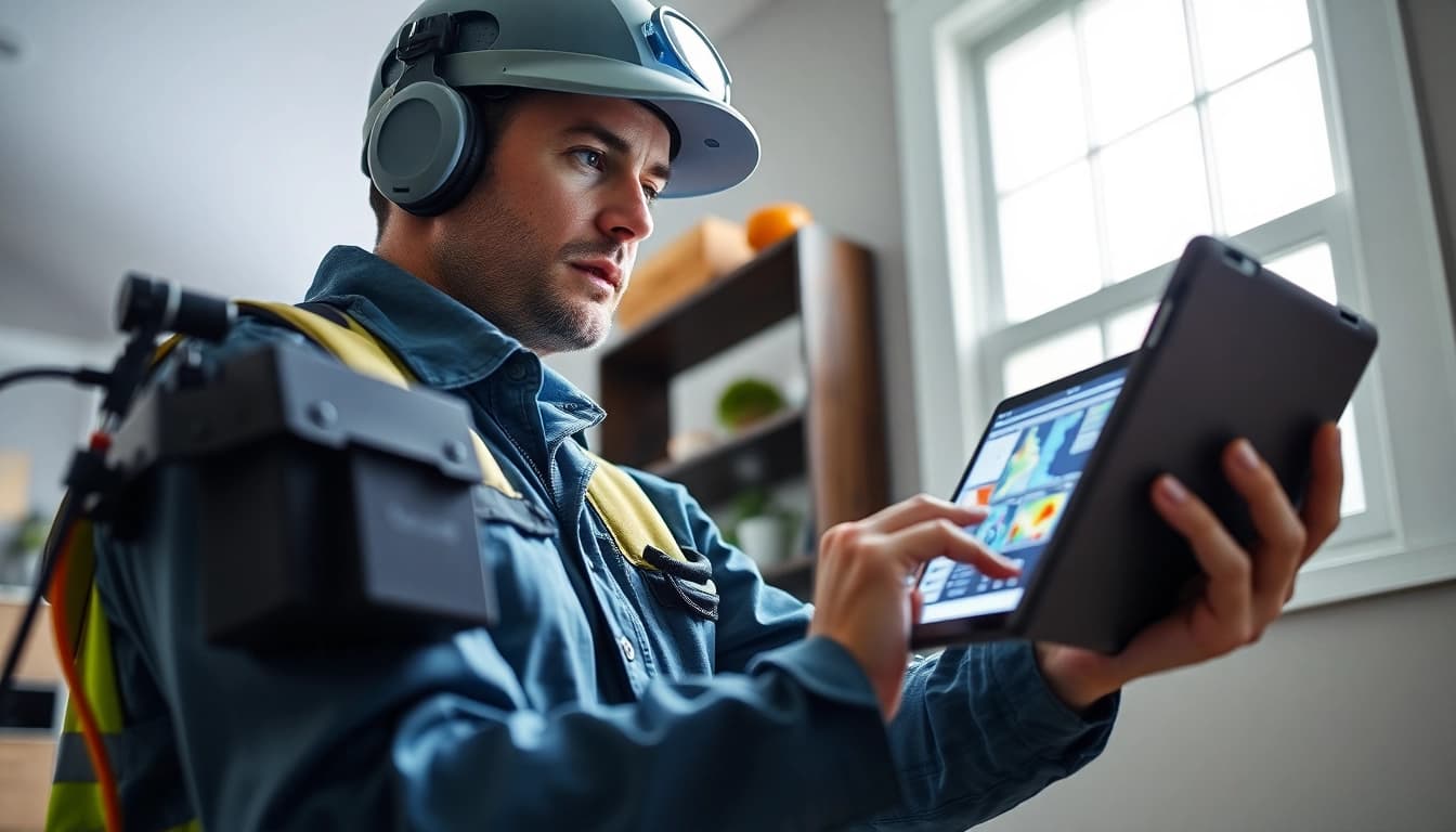 Expert leak detection technician using advanced technology in a residential setting.