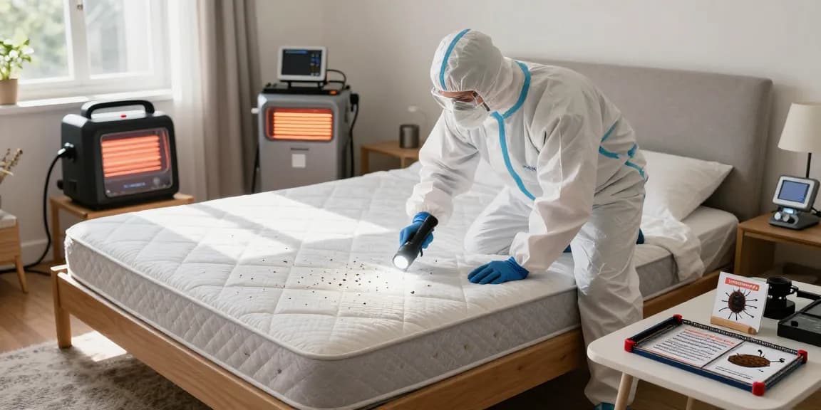 Bed bug heat treatment in action, technician inspecting mattress and using heat equipment.