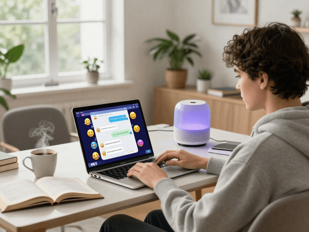 User engaging in a porn AI chat on a laptop in a cozy modern living room.