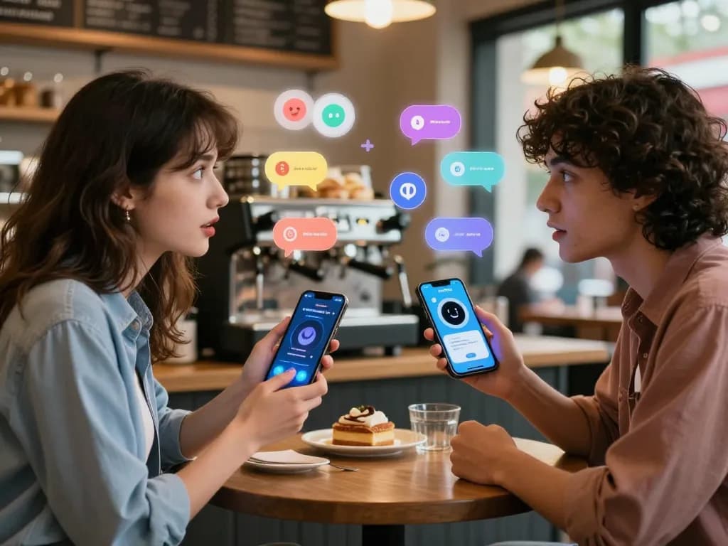 Young couple exploring sex AI interactions on smartphones in a cafe setting.