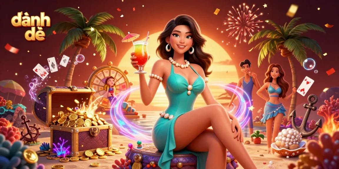 Engage with đánh đề in a vibrant casino scene featuring a glamorous Asian woman amidst beach-themed elements.