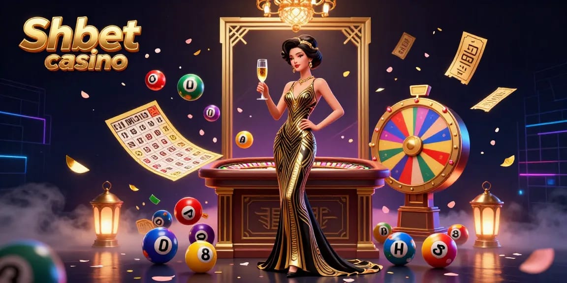 Experience the excitement of Shbet casino with vibrant lottery elements and glamorous gaming scenes.