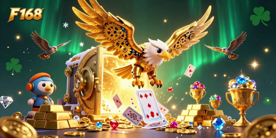 Experience thrilling wins at F 168 with a cybernetic eagle amidst casino treasures.