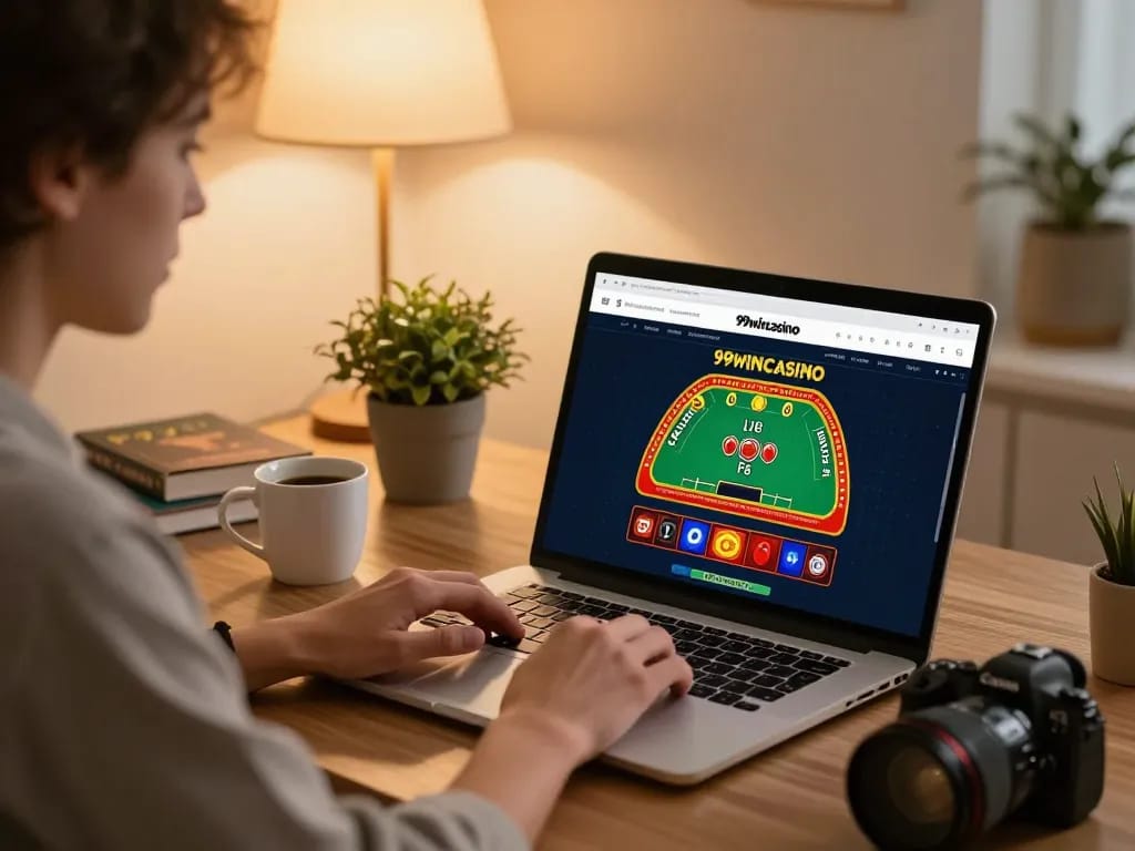 Engaging online gaming experience at 99wincasino with laptop display and cozy setup.