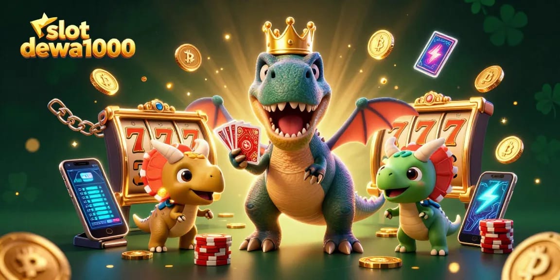 Engage with the thrilling slot dewa1000 in this vibrant casino scene featuring animated dinosaurs and rich gaming elements.
