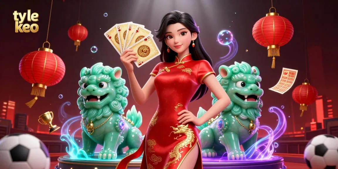 Engage with ty le keo through immersive sports betting visuals featuring a woman in qipao and jade lion.