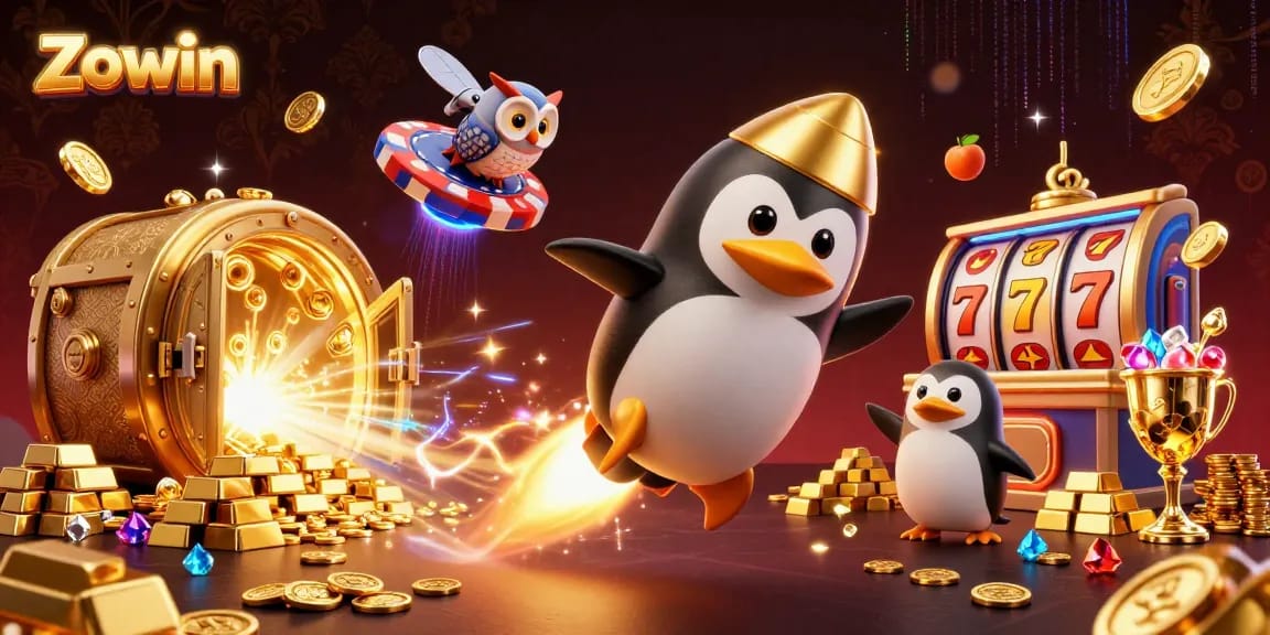 Zowin players enjoy dynamic slots and great jackpots in a vibrant, illustrative casino scene.