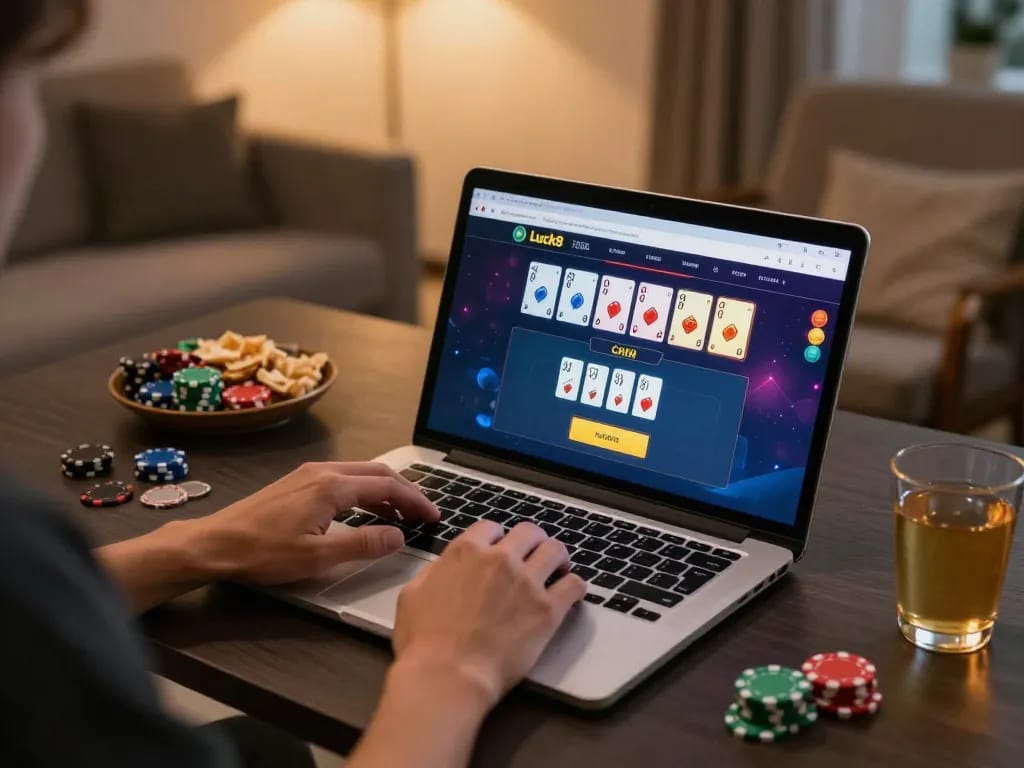 Engaging in luck8 online gaming with a laptop at home, highlighting strategic gameplay.