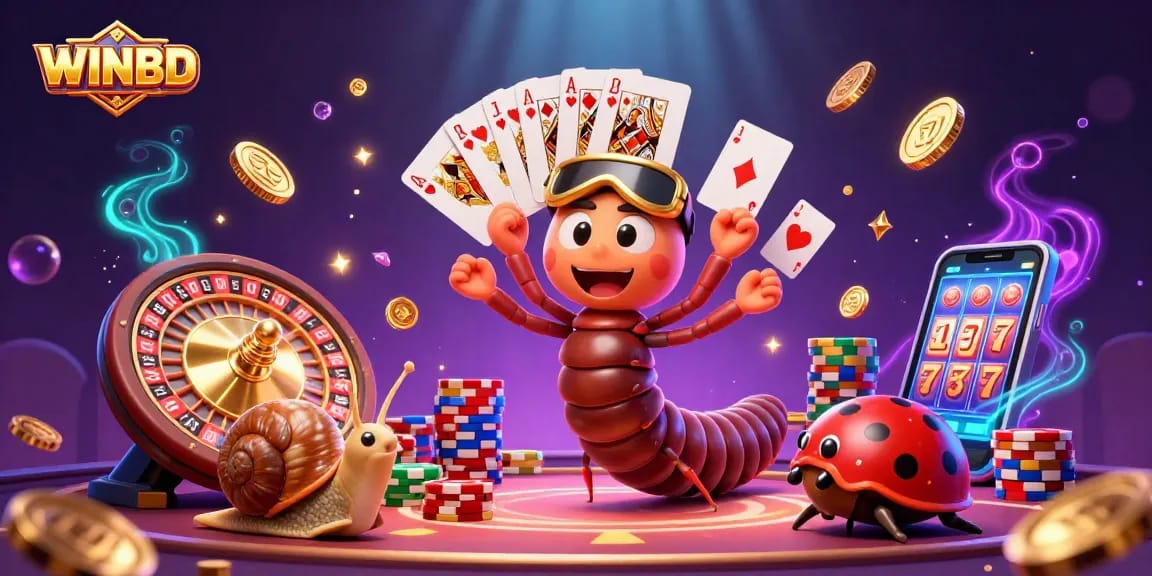WINBD showcases unique casino energy with a millipede dealer and high-roller snail in an exciting game scene.