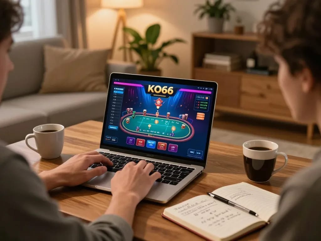 Player engaging with KO66 online casino from a cozy home setup, showcasing poker action on their laptop