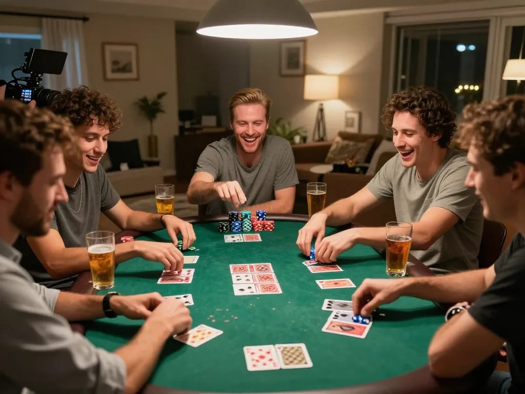 Cách đánh đề theo dàn: Engaged friends strategizing a fun poker night at home.