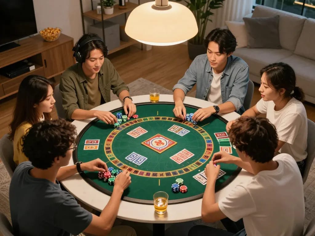 Engaged players participating in Game tài xỉu at a home game night with chips and cards.