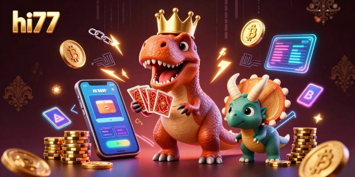 hi77 cartoon characters enjoying a vibrant casino environment with neon effects and dynamic gaming elements