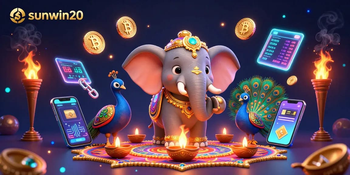 Experience the excitement of sunwin20 with a vibrant 3D casino scene featuring a Diwali-themed elephant and crypto elements.