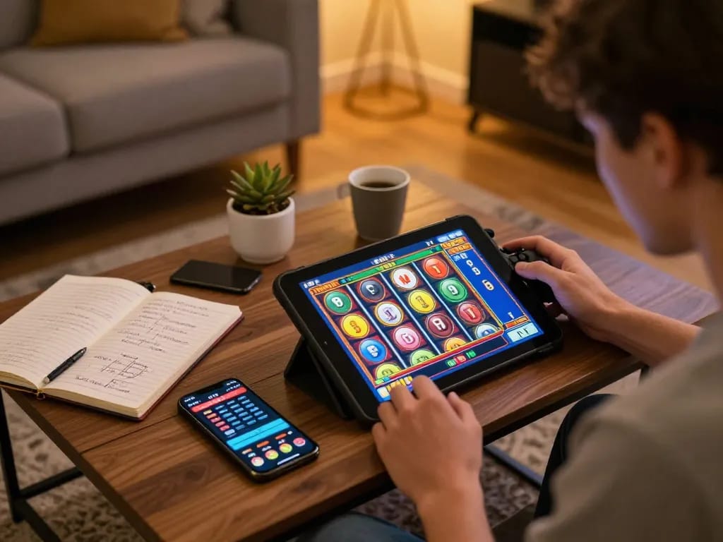 RR88 online casino gaming setup with a player engaged in a vibrant slot game on tablet