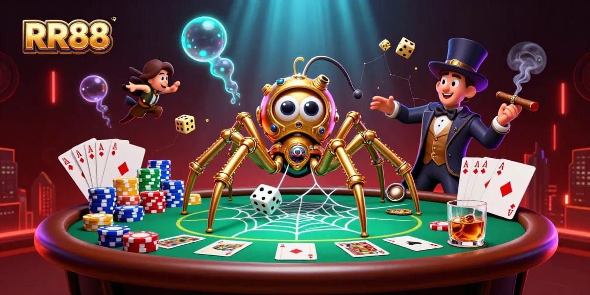 Experience the excitement of RR88 casino with steampunk elements and lively poker action.