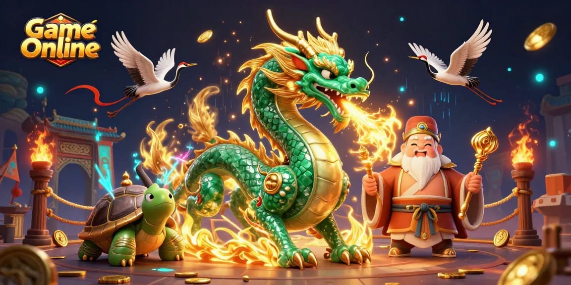 Engage in Game Online with jade dragon, turtle sage, and cranes amidst spectacular gambling elements.