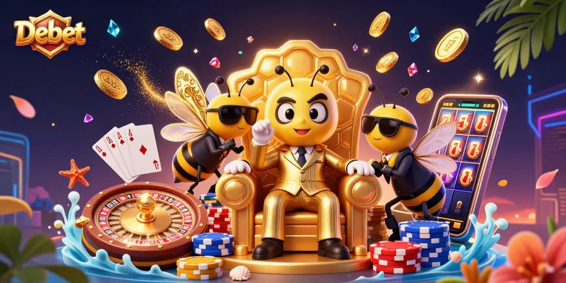 Experience thrilling betting action with Debet in a colorful, dynamic casino scene.