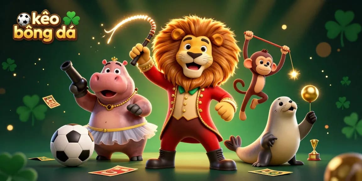 Bet on kèo bóng đá with an exciting illustration featuring a lion, hippo, monkey, and seal in a sports betting scene.
