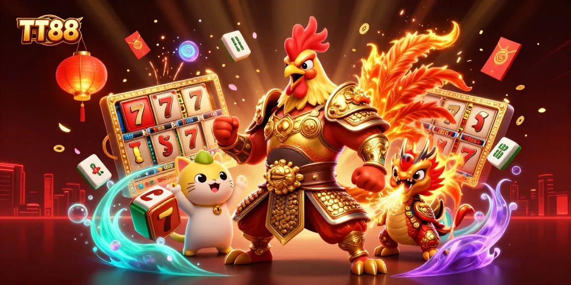 Experience the excitement of TT88 with a vibrant casino 3D illustration featuring a golden warrior, a dragon, and lucky symbols.