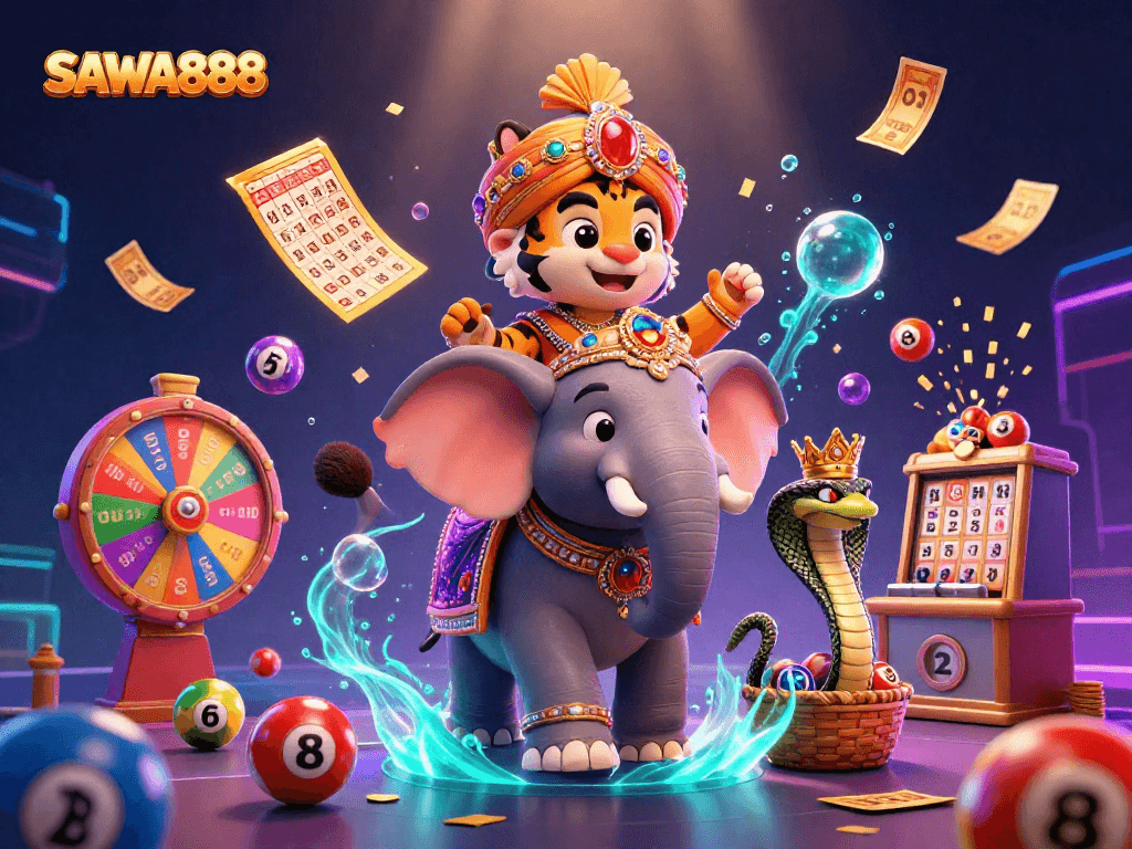 Experience thrilling gameplay at SAWA888 with vibrant lottery balls, golden tickets, and a mesmerizing maharaja scene.