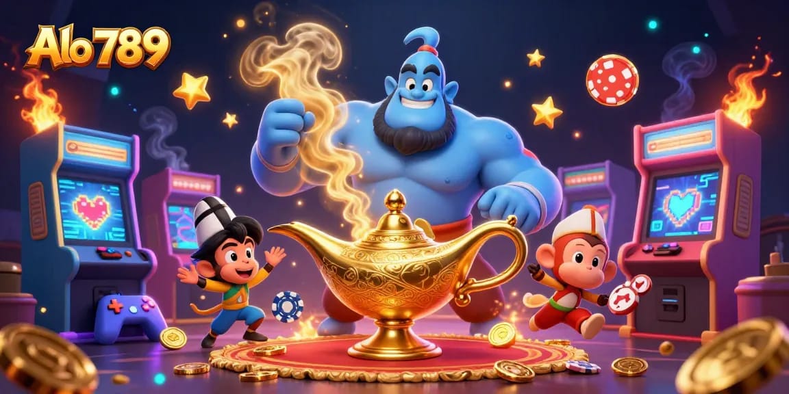 Alo 789 showcases thrilling gameplay with a genie and monkey amidst vibrant casino elements.