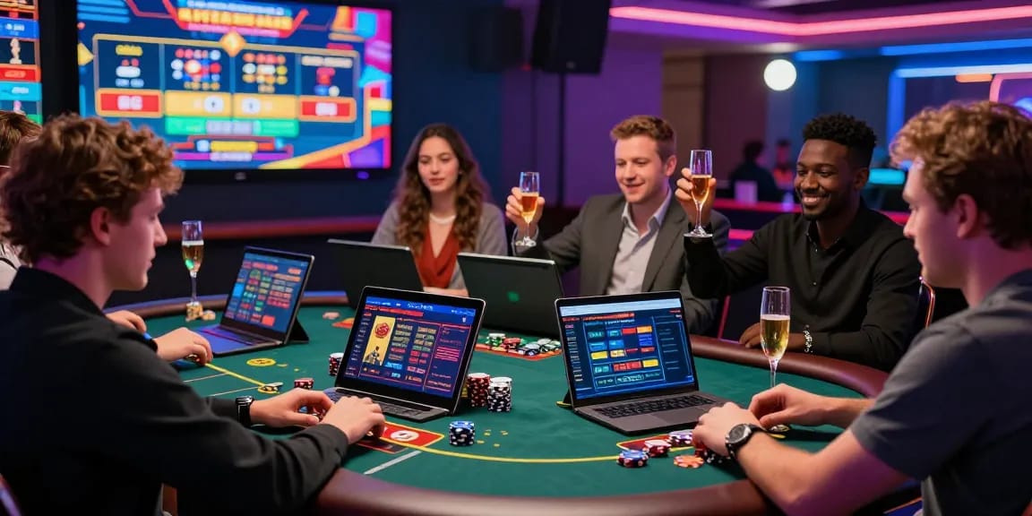 Players engaging with non UK casinos on tablets and laptops at a vibrant gaming table with ambient lighting.