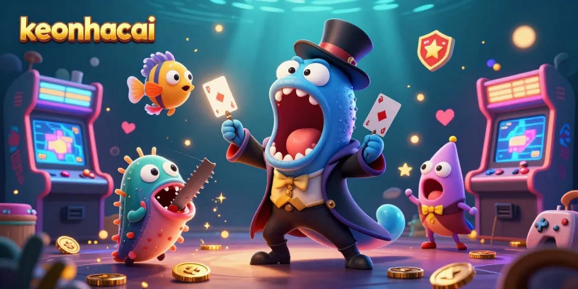 Engage with keonhacai's magical casino adventure featuring vibrant characters and neon arcade elements.