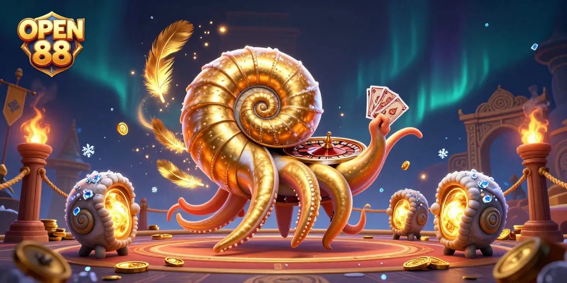 Engage with OPEN 88's vibrant casino scene featuring a giant nautilus roulette wheel amidst glowing companions.