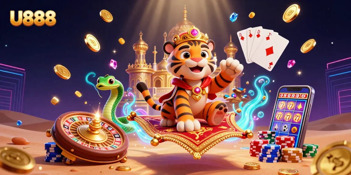 Win at U888 with an exhilarating illustration featuring a lively tiger sultan amid vibrant casino game elements.