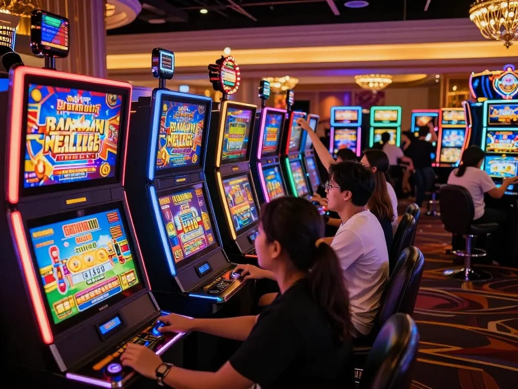 Players enjoying Slot Malaysia games with vibrant slot machines and exciting wins.