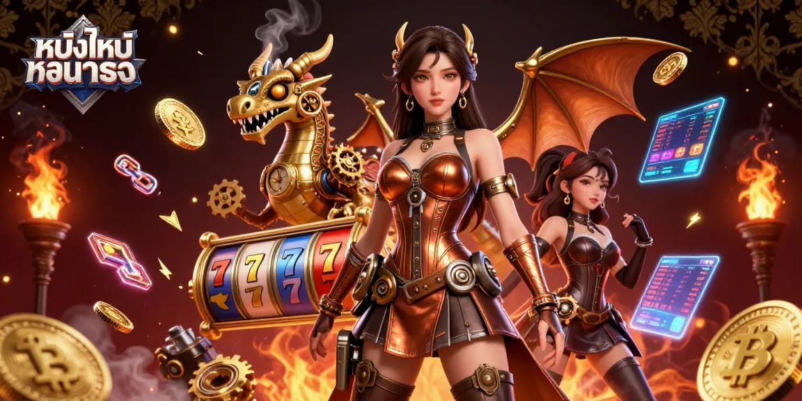 Engage with หนังใหม่ชนโรง in a vibrant casino scene featuring a steampunk woman, golden reels, and glowing crypto elements.