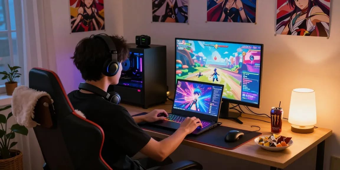 Gamer playing a vibrant hentai game in a cozy bedroom
