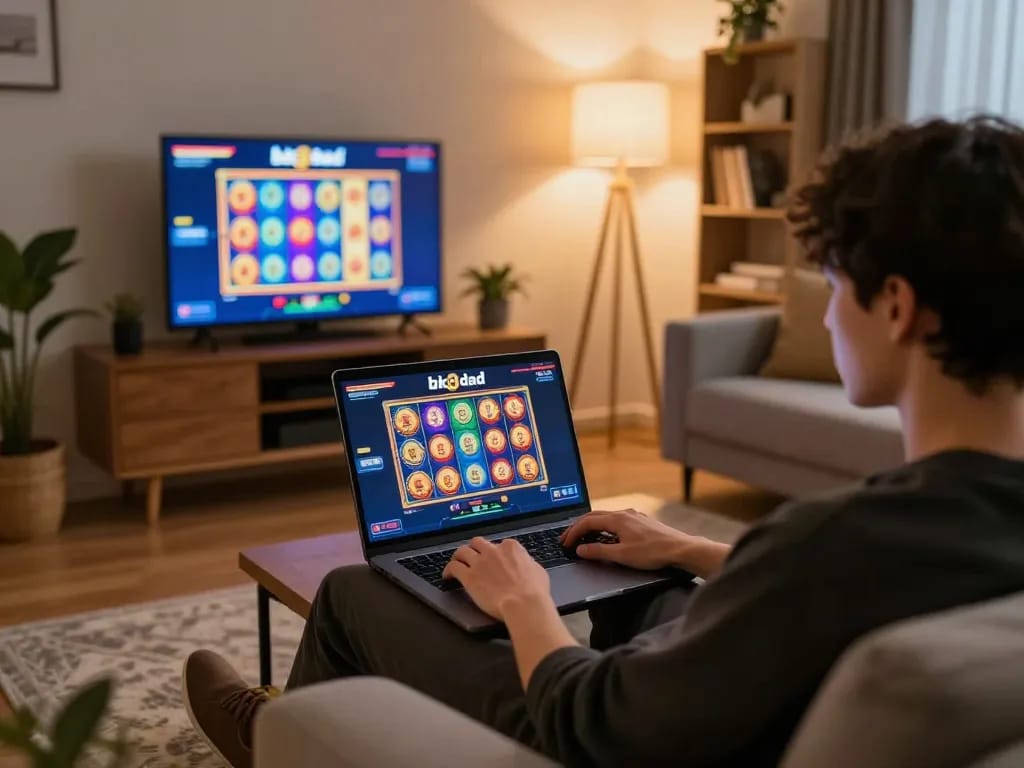 Player engaging with bk8 dad online slots in a cozy home setting.