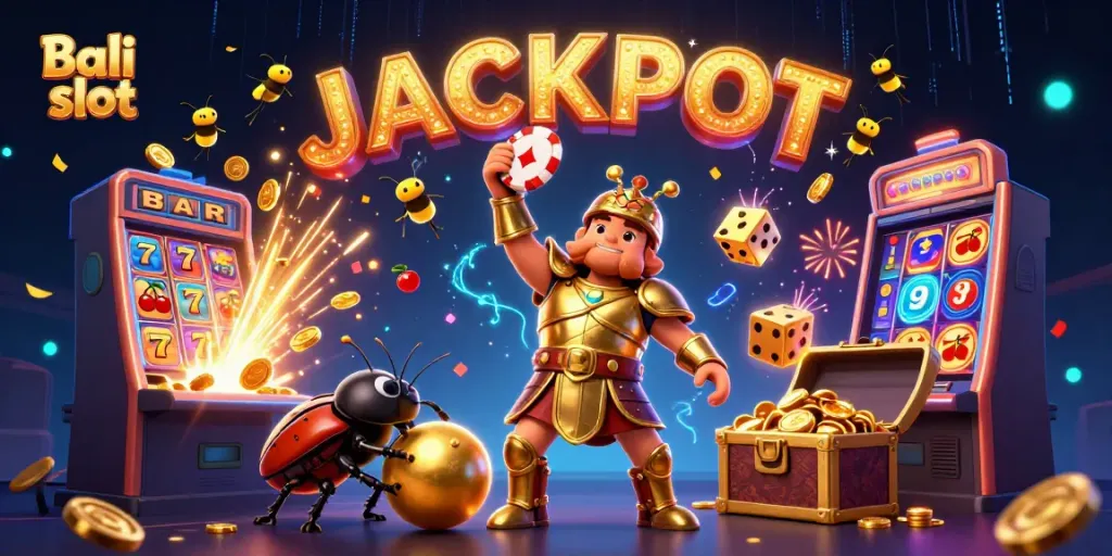 Bali slot features a heroic beetle and vibrant casino elements celebrating wins in a dynamic scene.