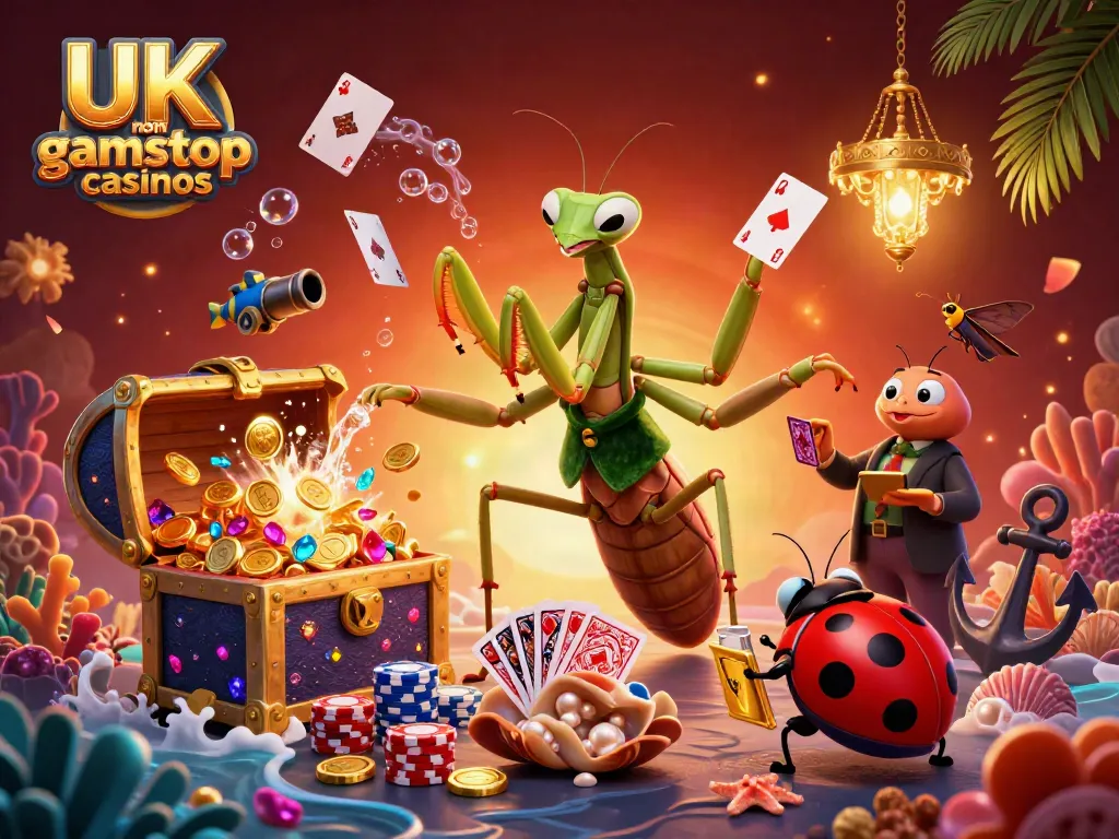 Join the excitement of UK non gamstop casinos, where a giant praying mantis and ladybug pit boss set the scene for whimsical gaming.