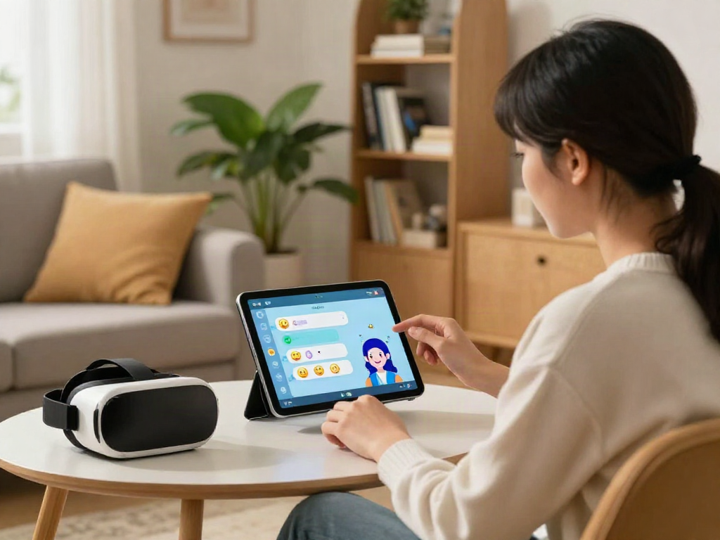Interactive porn ai chat interface displayed on a tablet in a cozy living room.