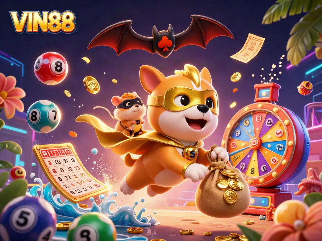 Experience thrilling gaming adventures with VIN88's 3D superhero dog illustration, showcasing fun and excitement in online gambling.
