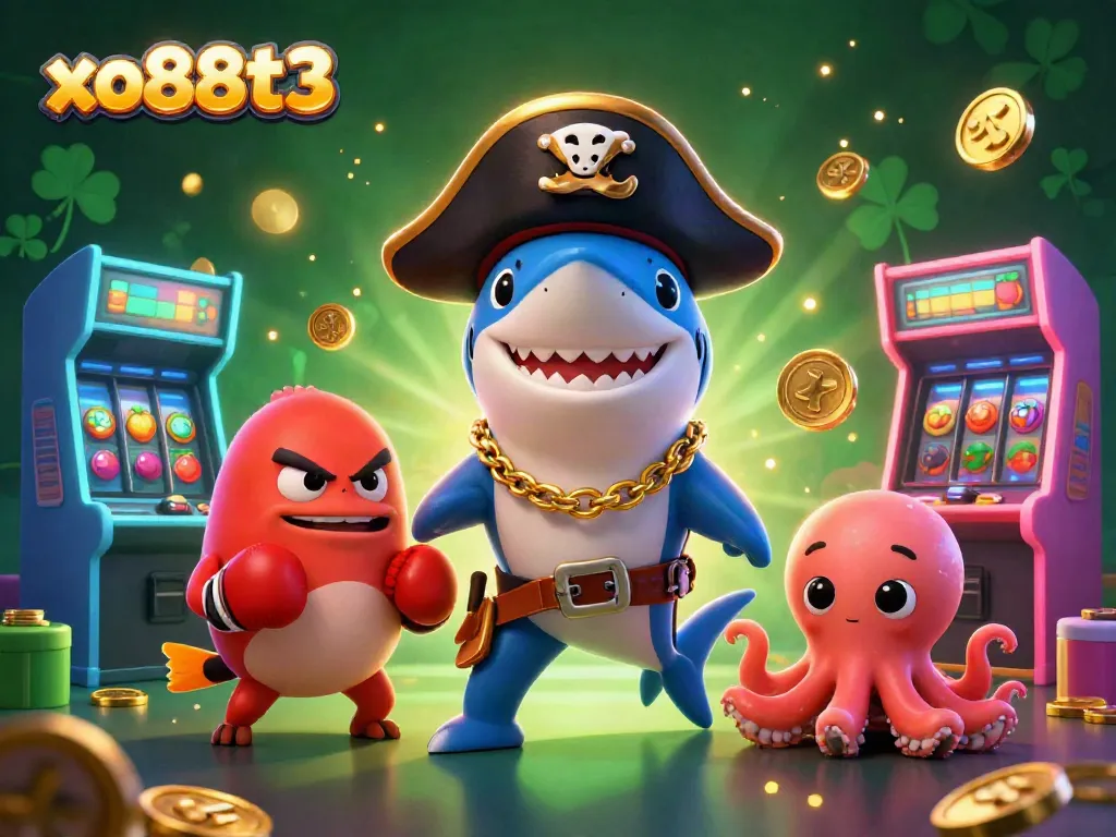 Join the fun at xo88t3 with a cartoon pirate shark, pufferfish, and octopus in a vibrant casino scene.