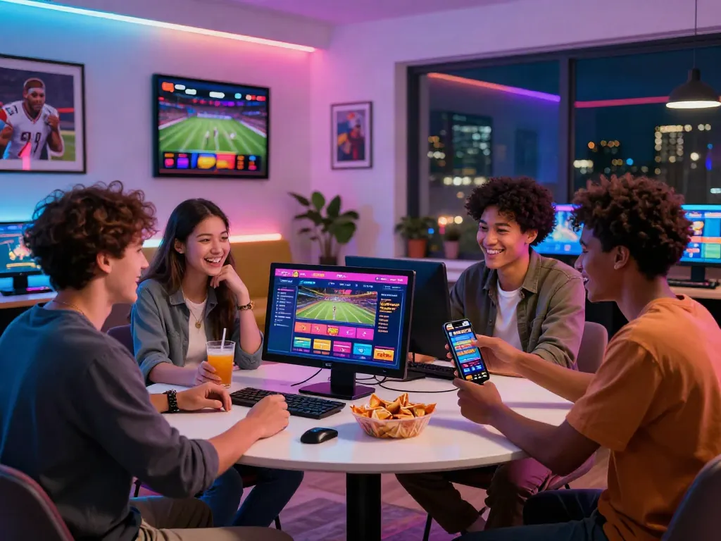 Friends enjoying 9bet gaming night with vibrant atmosphere and modern interface.