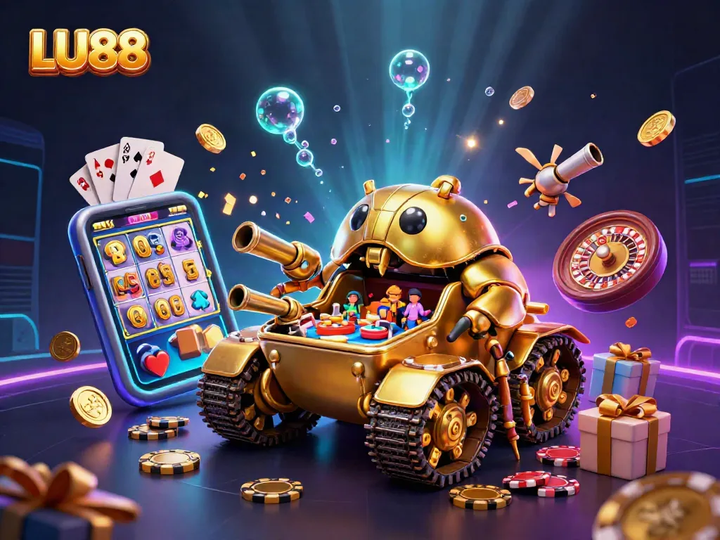 LU88 showcases a dynamic casino scene with a golden beetle tank revealing miniature games, celebrating casino excitement.
