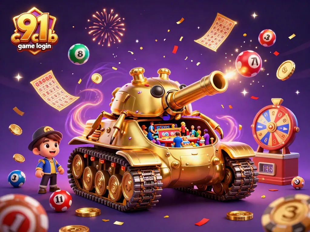 Engage with the fun of 91 club game login in a vibrant casino-inspired scene with lottery balls and confetti.