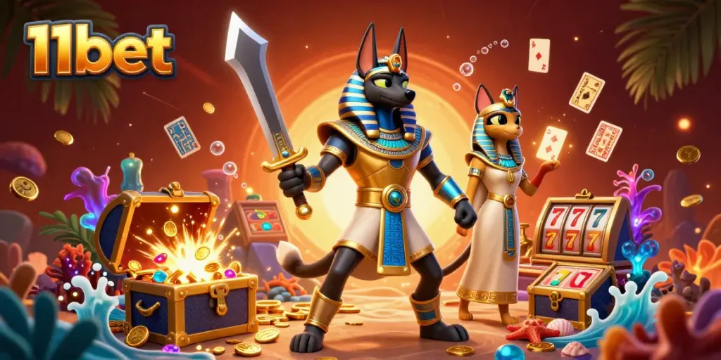 Engage in thrilling adventures with 11bet featuring an ancient Egyptian warrior Anubis and treasure-filled gaming elements.