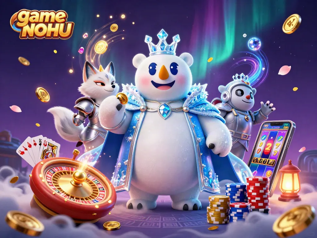 Win big with game NOHU in this stunning 3D casino scene featuring action-packed symbols and characters.