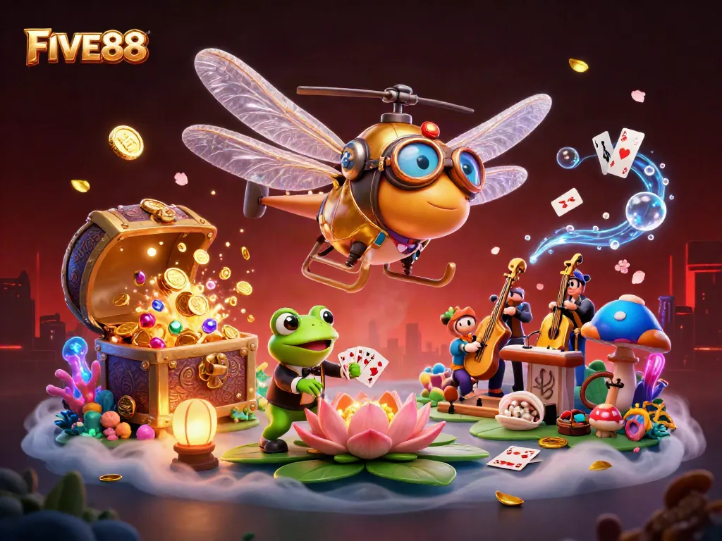 Engage in thrilling casino action at FIVE88 with vibrant 3D characters and exciting gaming elements.